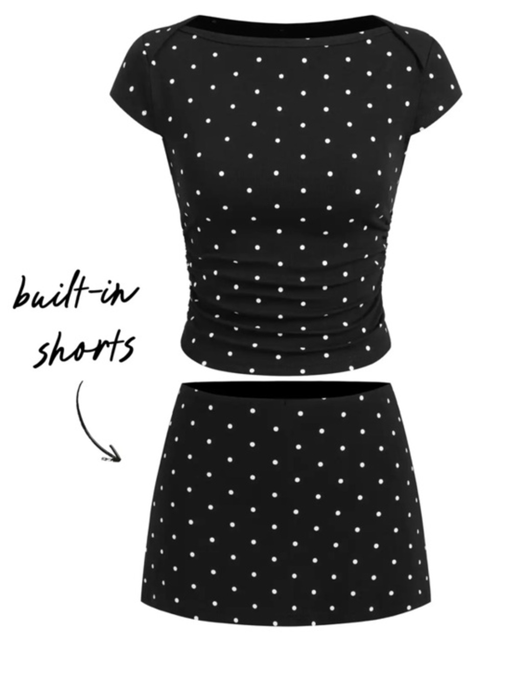 NWT CIDER COTTON-BLEND BOAT NECK POLKA DOT RUCHED TEE & MINI SKORT